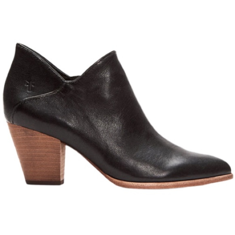 FRYE Reed Shootie Black Leather Stacked Heel Ankle Boot Bootie Western P…